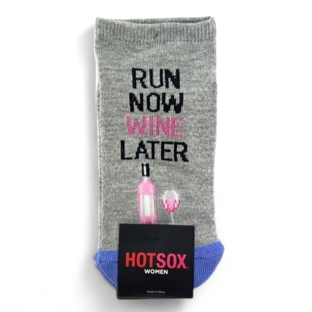 HOTSOX Women's Novelty Socks "Run Now Wine Later" Grey Cotton Blend Size 4 - 10